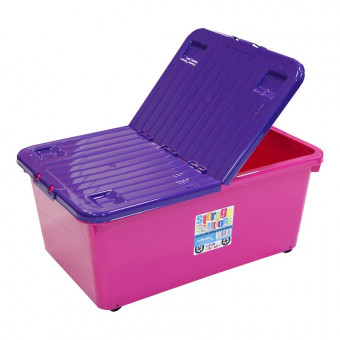 45 Litre Pink Box with Wheels and Purple Lid Open